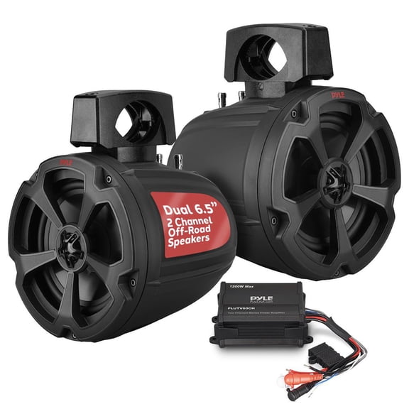 Pyle 6.5" Marine Speakers with 2-Channel Amplifier – 1200W Water-Resistant Waterproof Audio System for Boat, Jeep, ATV, UTV & Off-Road Vehicles with Mounting Brackets