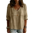 thumbnail image 2 of Women's Cotton Linen V Neck Blouse Casual 3/4 Sleeve Babydoll Pleated T Shirts Summer Boho Relaxed Fit Vacation Tunic Tops Khaki M, 2 of 5