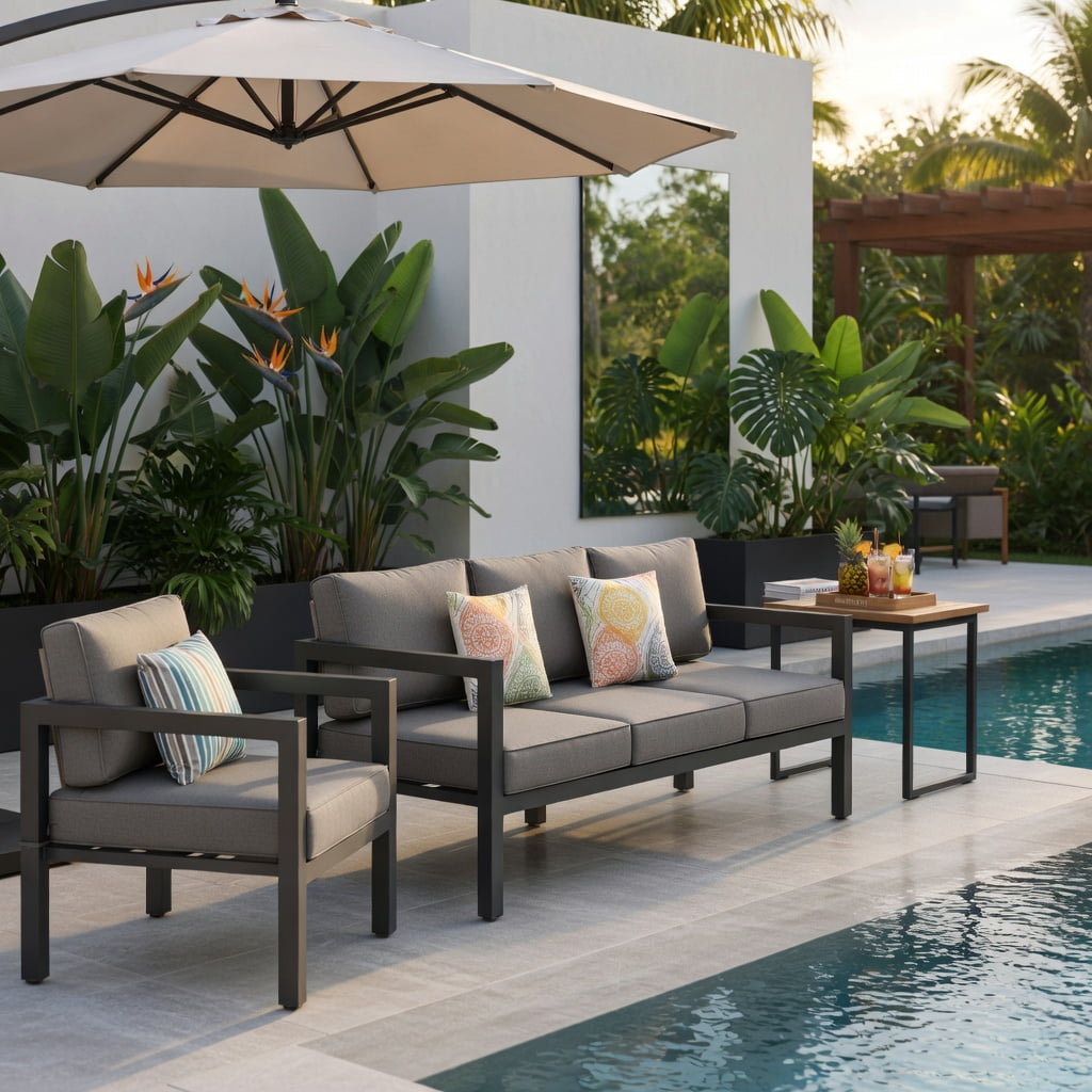 Hommoo 4-Piece Modern Outdoor Patio Furniture Set, Aluminum Frame with Cushions for Backyard, Poolside & Garden, Gray