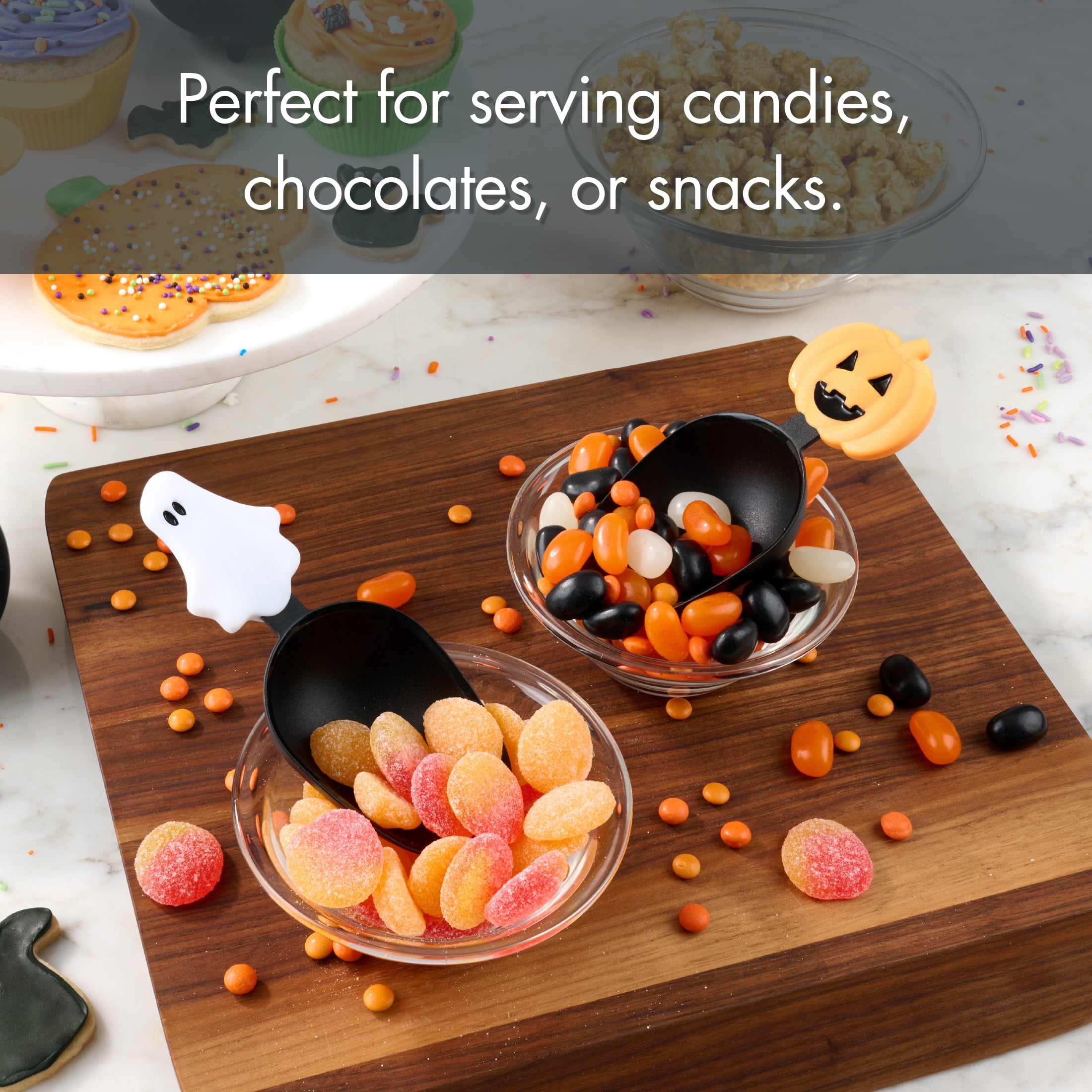 Way to Celebrate Halloween Candy Scoop Set, Jack-O-Lantern and Ghost Themed, 2 Pieces