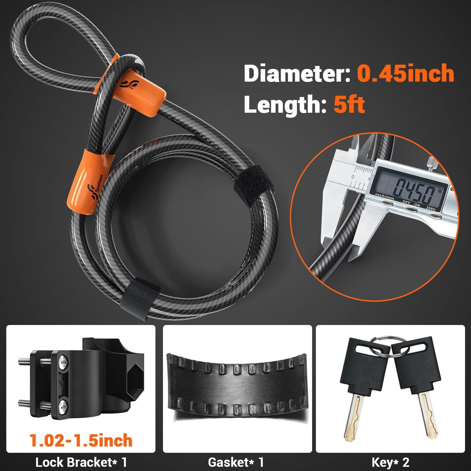 Bike U Lock - Heavy Duty Anti With 5ft Security Steel Cable 17mm Shackle Bicycle U-locks Keys & Sturdy Mounting Bracket For Road  Mountain Electric Orange