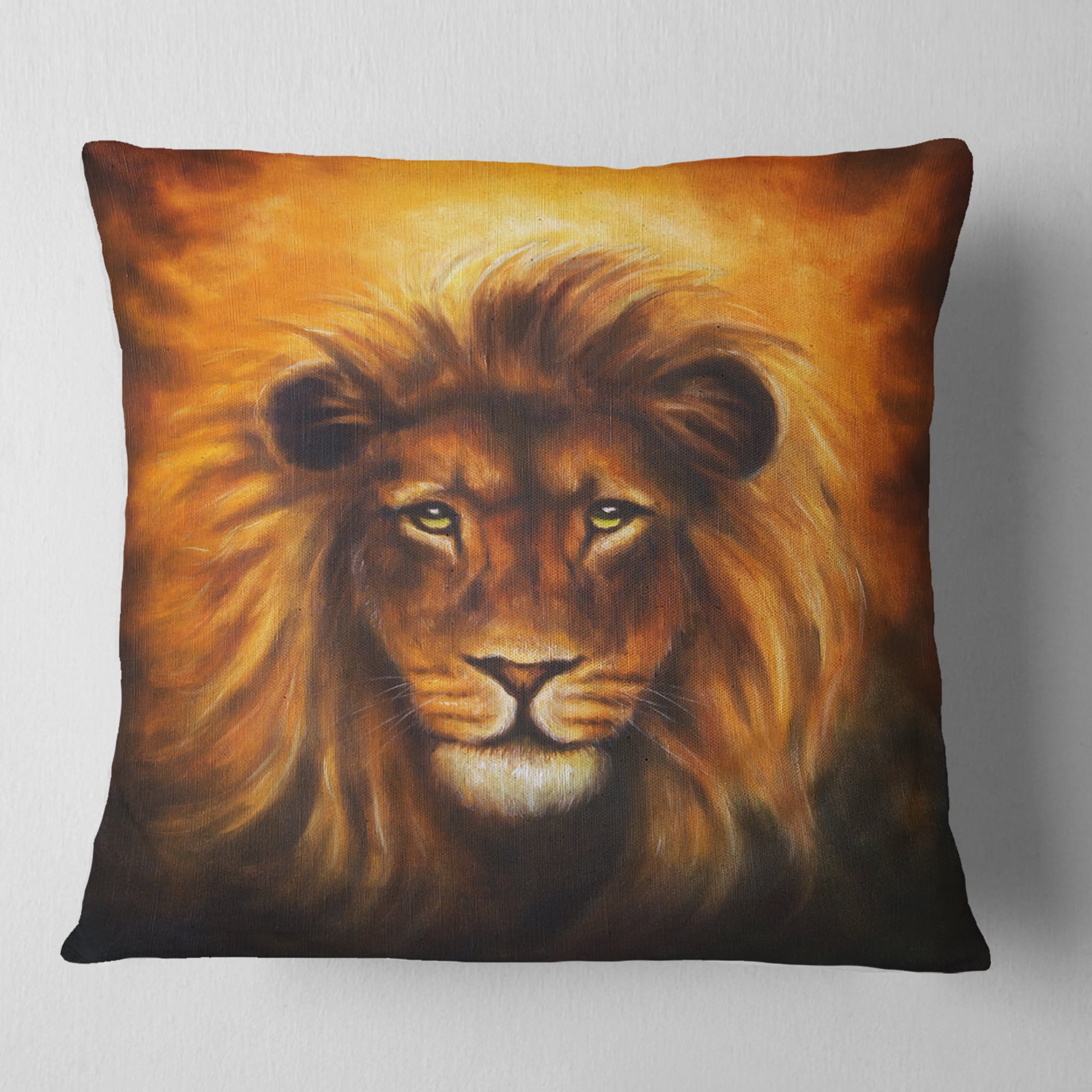 Designart Lion Head with Golden Mane - Animal Throw Pillow - 16x16