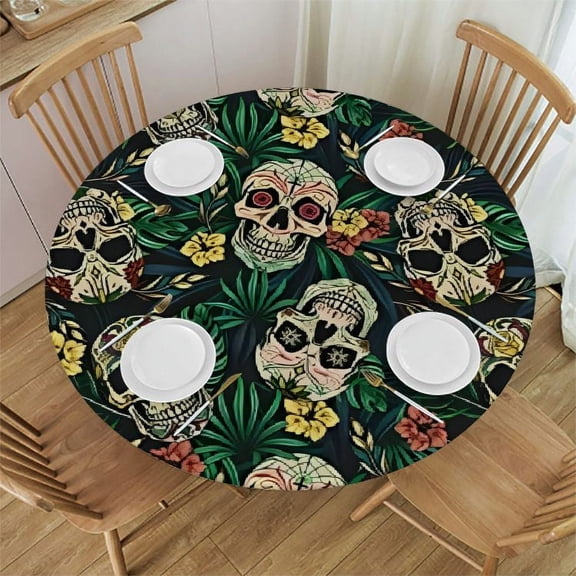 HAOXIT Sugar Skull Elastic Edged Fitted Round Tablecloth, Waterproof Oil Proof Polyester Table Cloth Decorative Fabric Table Cover for Dining Table 31"-35