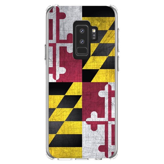 DistinctInk Clear Shockproof Hybrid Case for Samsung Galaxy S9  PLUS (6.2" Screen) - TPU Bumper, Acrylic Back, Tempered Glass Screen Protector - Old Weather Maryland Flag - Maryland