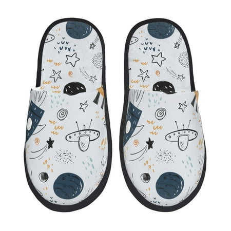 Balery Cartoon Planets Slient Indoor Furry Fleece Comfort House Shoes Soft Non-Slip Home Shoes Cotton slippers House Slippers-- Large