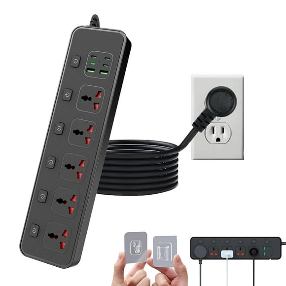 Regleta de enchufe plano con interruptor individual, cable de extensión universal Jumpso de 6 pies con 5 salidas y 2 puertos USB 4 USB C, máximo 3000 W, 110-240 V, adaptador de enchufe de múltiples sa