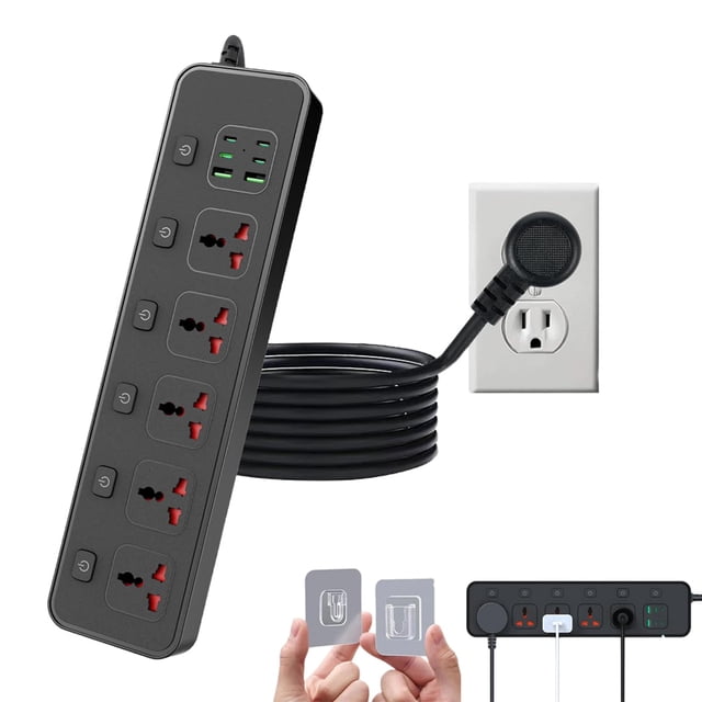 Regleta de enchufe plano con interruptor individual, cable de extensión universal Jumpso de 6 pies con 5 salidas y 2 puertos USB 4 USB C, máximo 3000 W, 110-240 V, adaptador de enchufe de múltiples sa