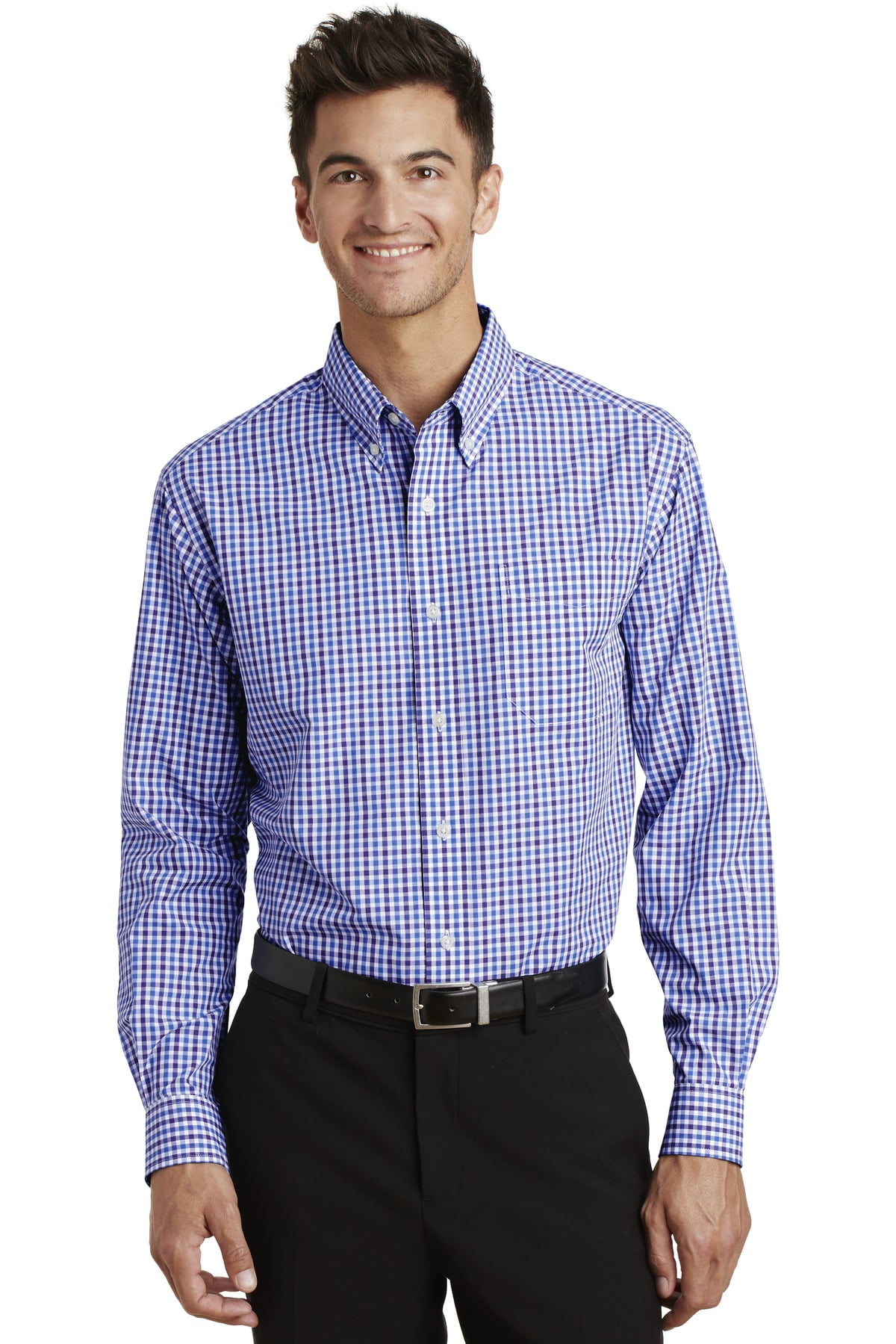 Port Authority Long Sleeve Gingham Easy Care Shirt-L (Blue/ Purple)