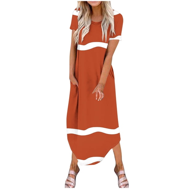 Vestidos de Verano de Mujer Casual Cuello Redondo Bolsillos de Manga Corta Impresión Vestido Largo, Vestido Ligero de Poliéster para Diario, Fiesta Y Primavera