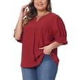 thumbnail image 4 of Blusa de gasa de mujer plus size Agnes Orinda, con cuello en V, mangas cortas abullonadas, casual, color burdeos, talla 1X, 4 of 6