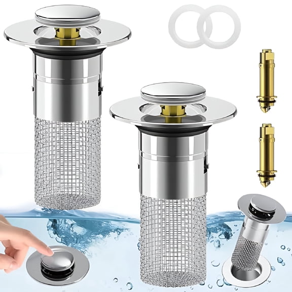 EXLEAF 2026 New 2Pcs Bathroom Sink Stopper Hair Catcher,Pop-Up Sink Drain Strainer with Removable Stainless Steel Strainer Basket Hair Catcher,Bathroom Sink Strainer for Sink Stopper Replacement