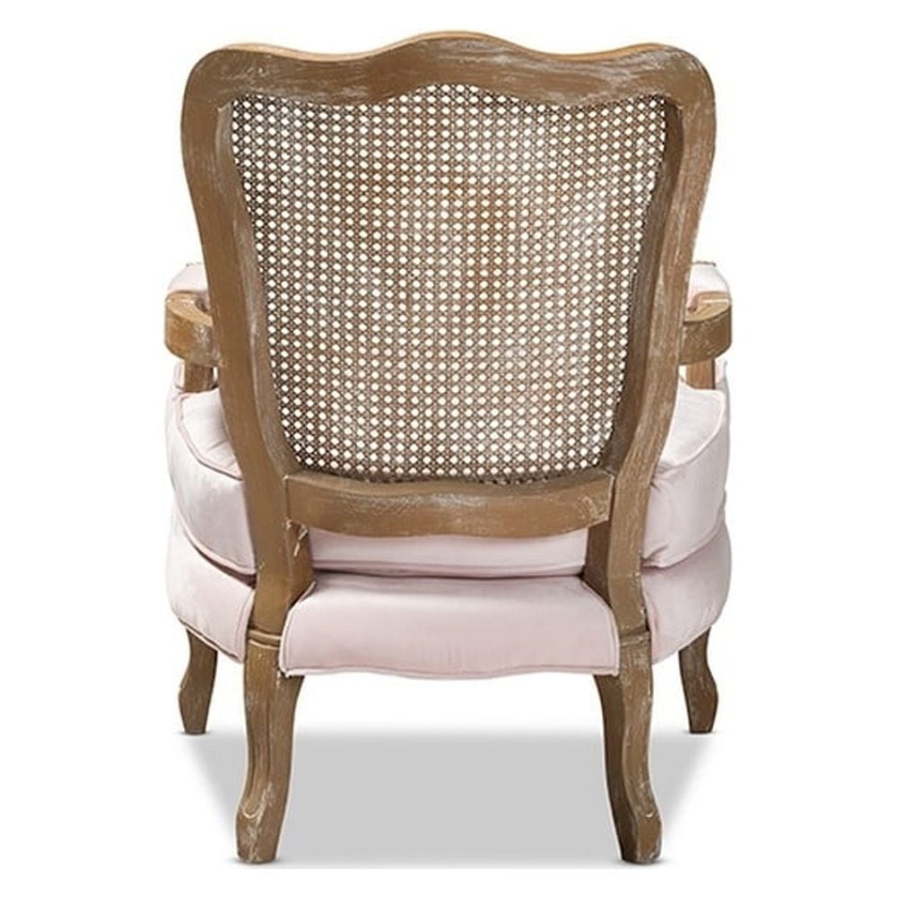 Baxton Studio Vallea Traditional French Provincial Light Pink Velvet Fabric Upholstered White-Washed Oak Wood Armchair