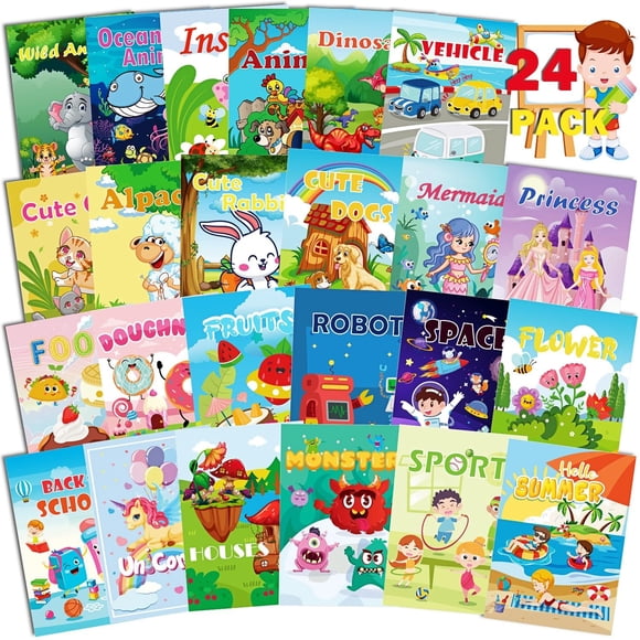 Aannanl 24 mini coloring books suitable for children aged 2-4 and 4-8- small party gifts, bulk birthday gifts, gift bag fillers, school classroom activities including dinosaurs, pets, mermaids