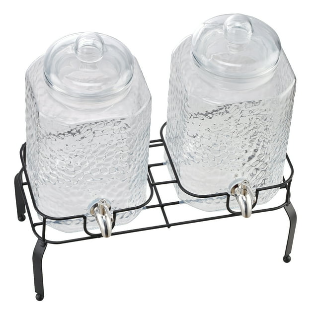 KFFKFF Beverage Dispenser, 2 Pack 1.5 Gallon Drink Dispensers for Parties, Glass Juice Dispenser with Metal Stand, Stainless Steel Spigot, Iced Tea Lemonade Juice Water Dispensers