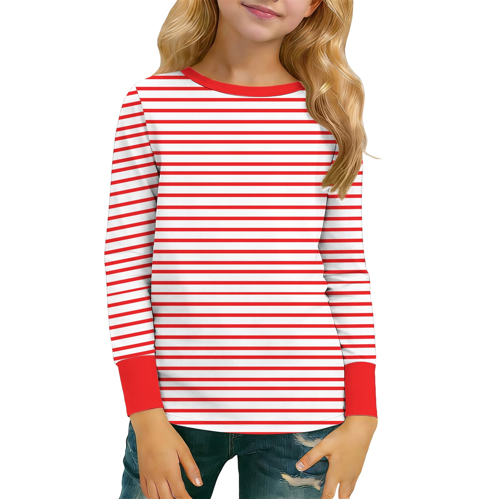 Fengqque Boys Girls Striped Long Sleeve Crew Neck Contrast Cuff Tee Stripe Pullover Top Slim Fit Blouse Red 15-16 Years