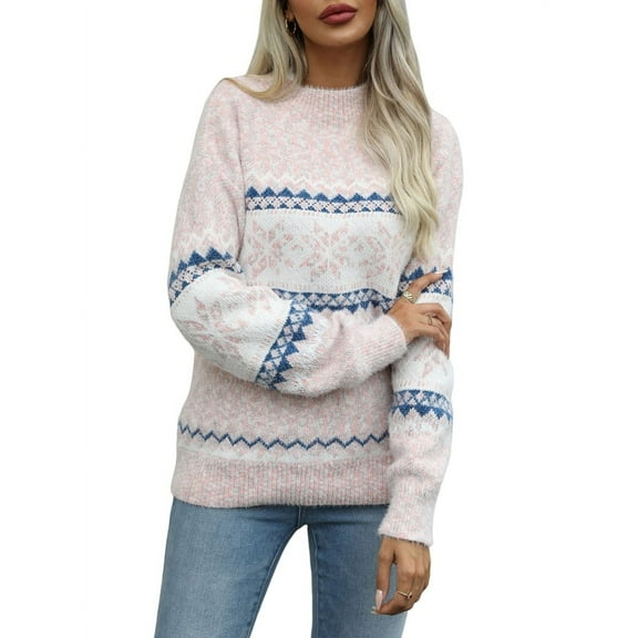 Women'S Casual Leopard Print Knitted Pullover Sweaters Long Sleeve Crew Neck Jumper Tops Pink M