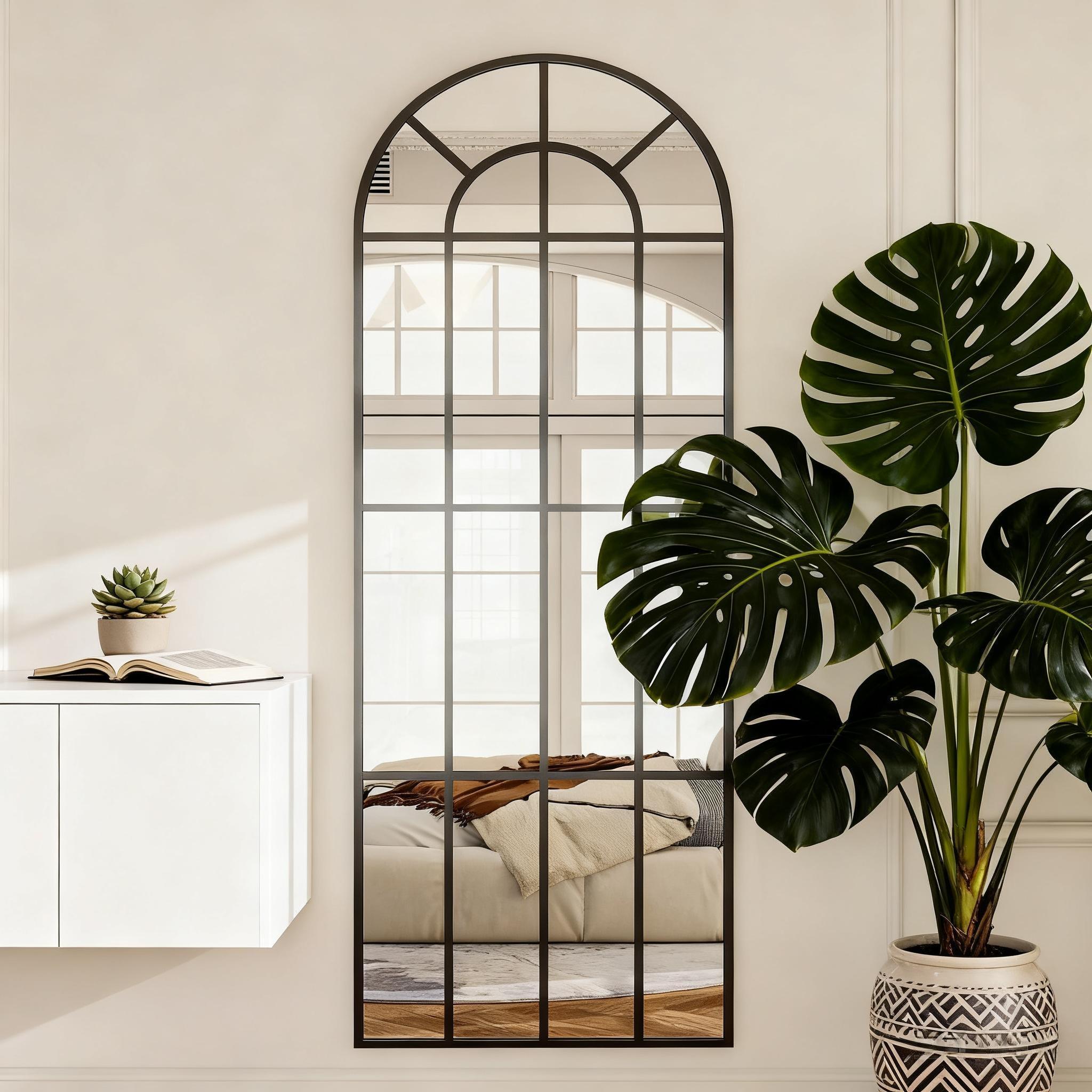 GRAHMCY 69" x 25" Arched Full Length Mirror Windowpane Mirror Full Body Floor Mirror, Black