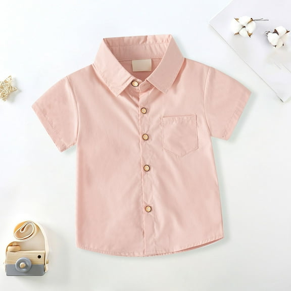 Fdrone Toddler Boys' Short Sleeve Linen Design Oxford Dress Shirts Cotton Solid Casual Button Down Shirts with Pockets Summer Soft Tops Casual Clothes (5-6 Years, Pink)