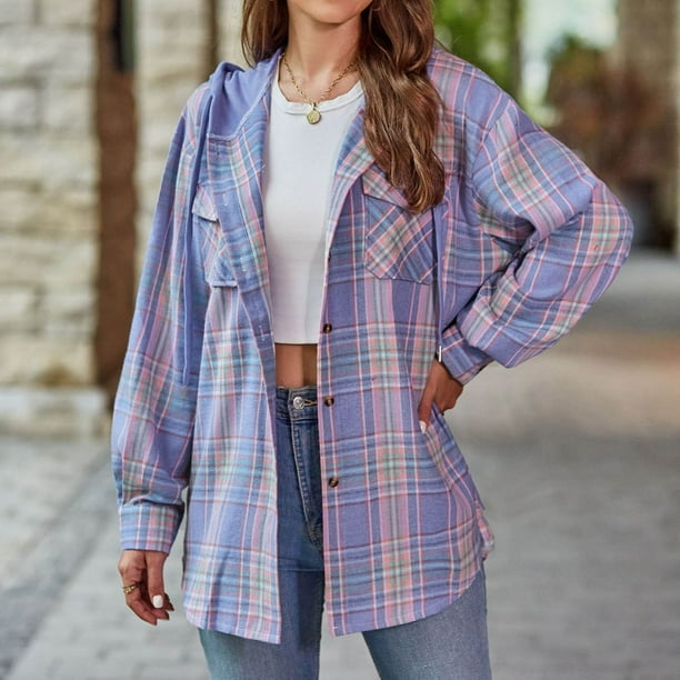 Chaqueta y abrigo informal de manga larga con capucha y bolsillo a cuadros para mujer