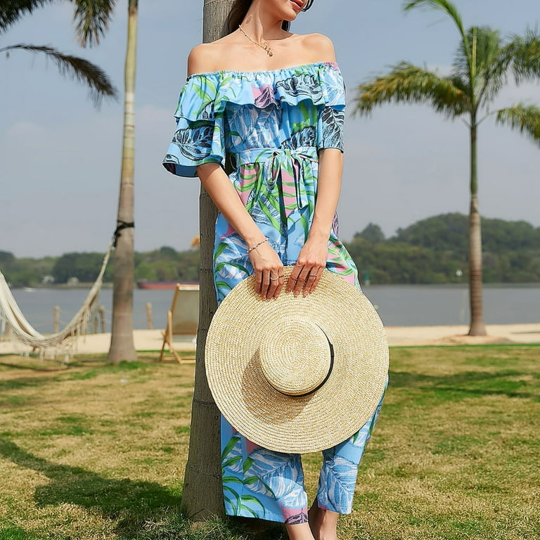 Off Shoulder Jumpsuits for Womens Casual Rompers Boho Holiday Chiffon Beach  Jumpsuit Wide Leg Cropped Palazzo Outfits