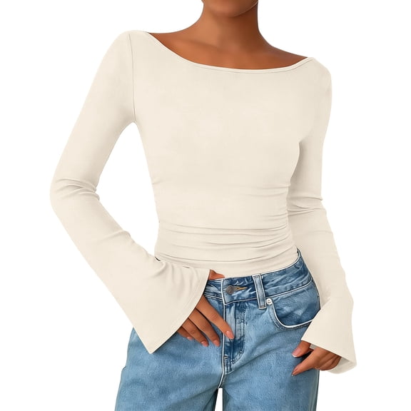 Long Sleeve Shirts for Women Boat Neck Bell Sleeve Ribbed Ruched Long Sleeve Tops Casual Chic Clothes Womens Sweatshirt Beige L