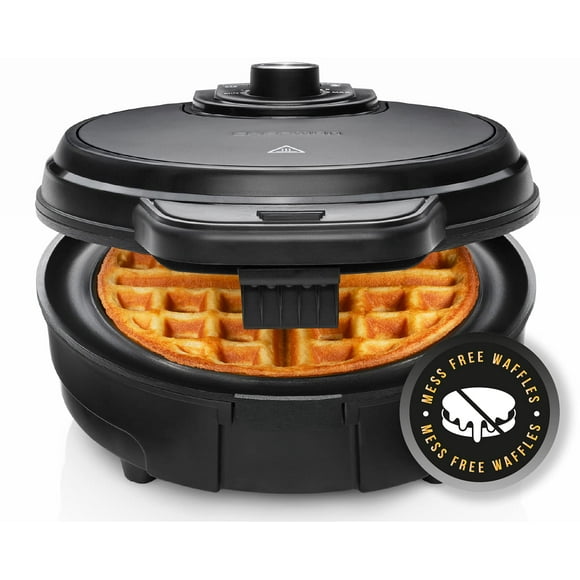 Strak Anti-Overflow Belgian Waffle Maker w/Shade Selector, Temperature Control, Mess Free Moat, Round Nonstick Iron Plate, Cool Touch Handle, Measuring Cup Included, Black Stainless Steel