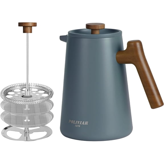 French Press Coffee Maker 34 Oz with Real Wood Handle Double Wall Insulation and Dual Filter Screen Food Grade Stainless Steel