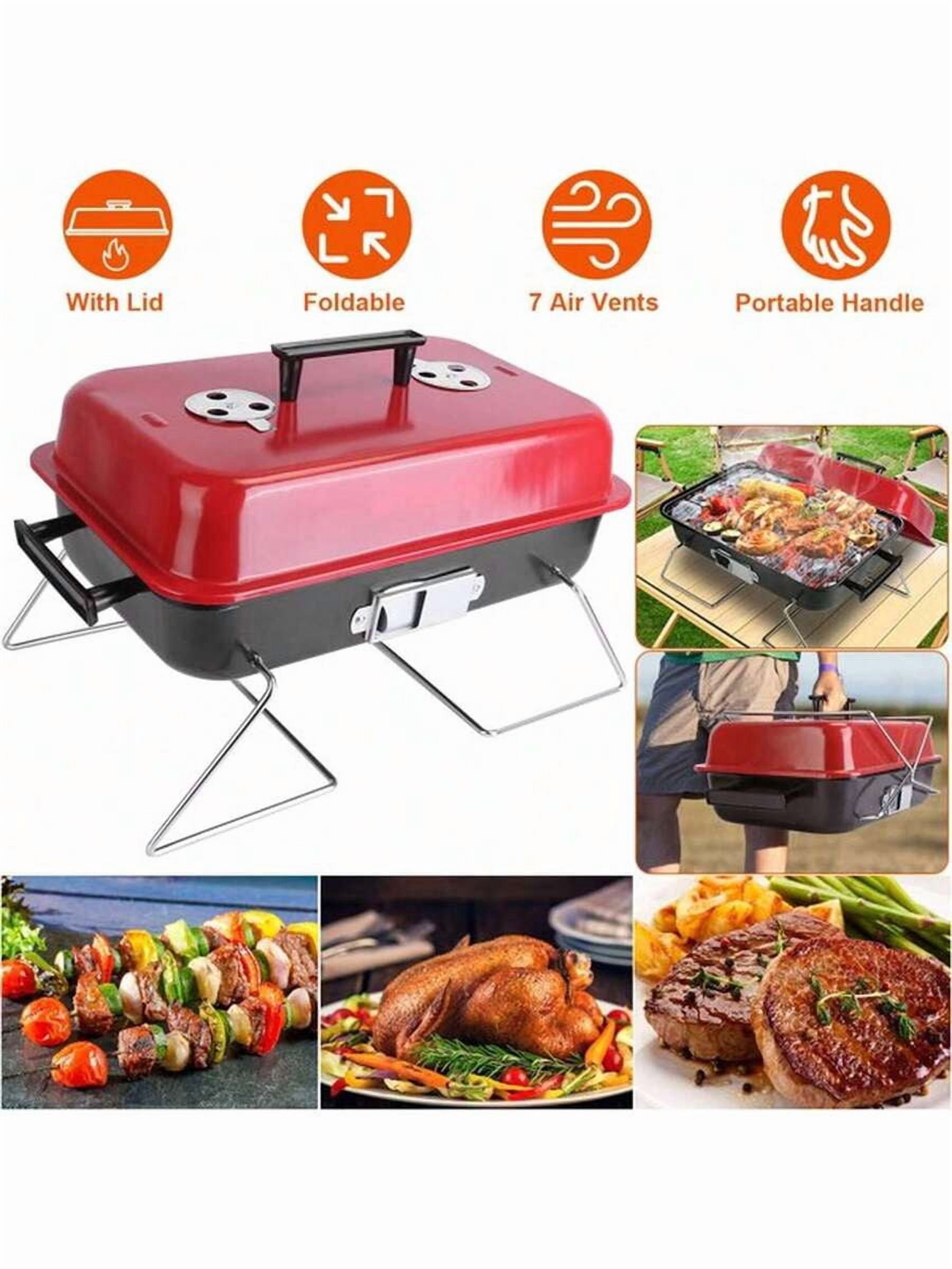 Foldable Portable Charcoal Grill With Lid - Compact Tabletop BBQ Grill For Backyard, Camping, Picnic & Beach, Outdoor Bonfire Cooking Kit
