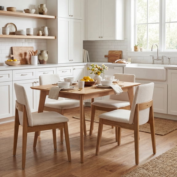Christopher Knight Home 5-Piece Mid-Century Dining Set, Light Natural Table with Beige Upholstered Side Chairs