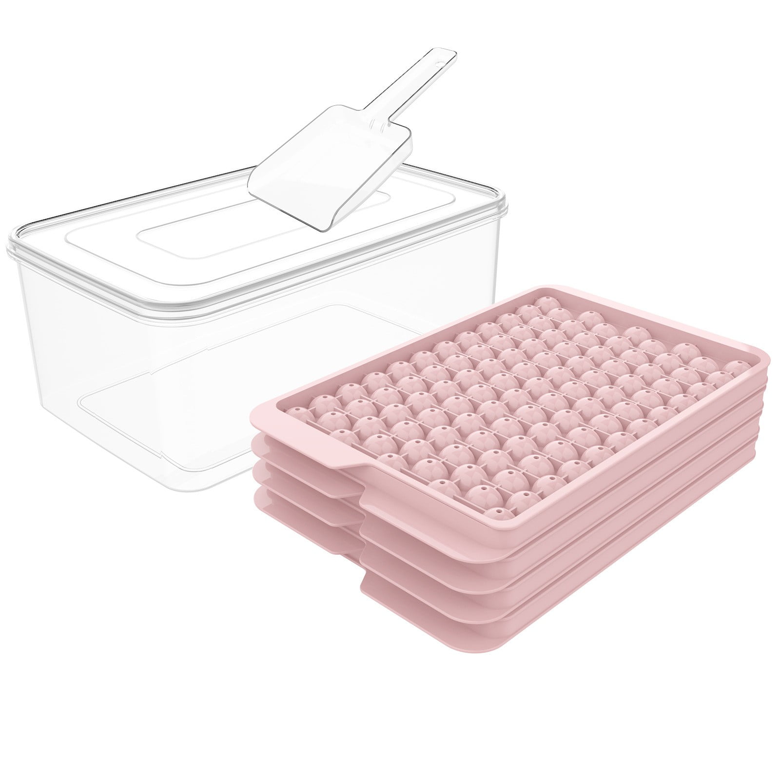 4-Pack Mini Round Ice Cube Trays with Storage Bin & Scoop, Small Ice Ball Maker for Chilled Drinks, Coffee and