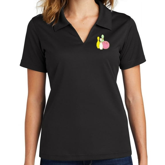 Ladie's Pastel Bowling Pins No Buttons Dri-Mesh Polo Shirt, Medium Black