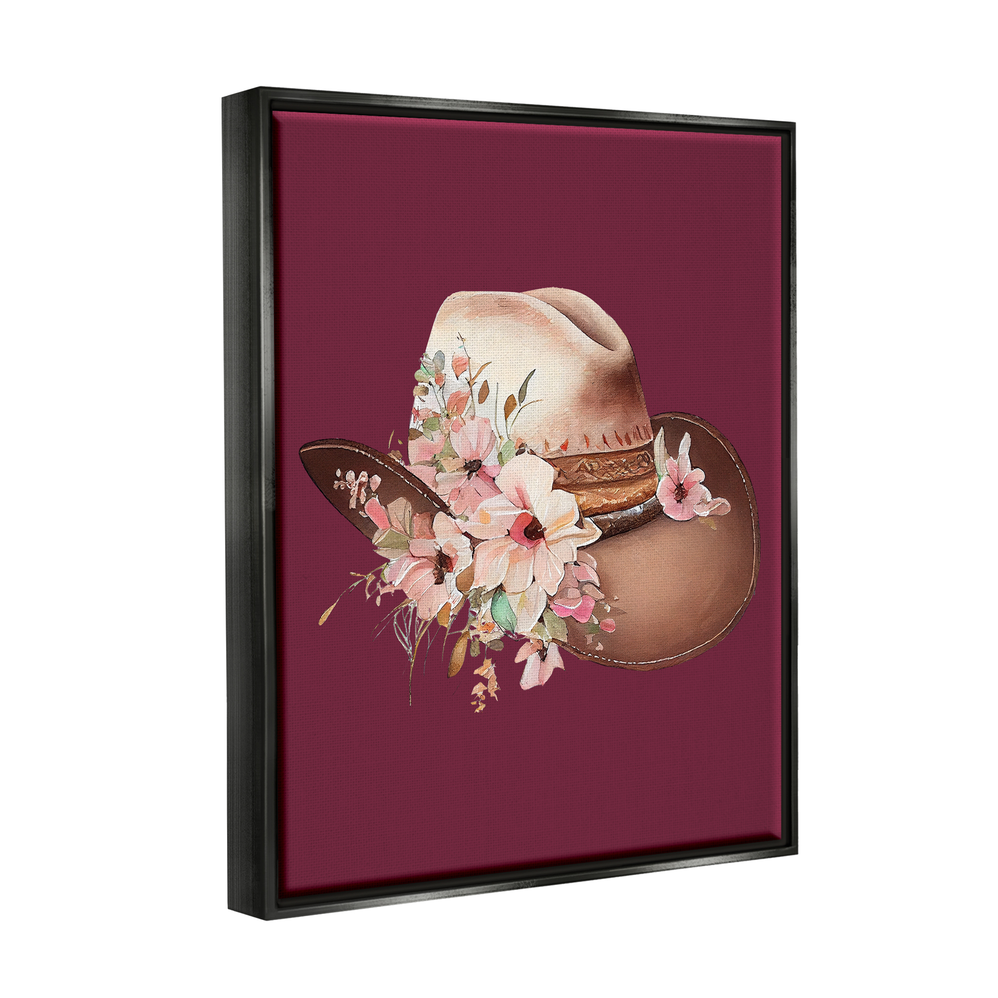 Stupell Industries Cowgirl Hat on Burgundy Botanical & Floral Painting Black Floater Framed Canvas Art Print Wall Art, 25 x 31