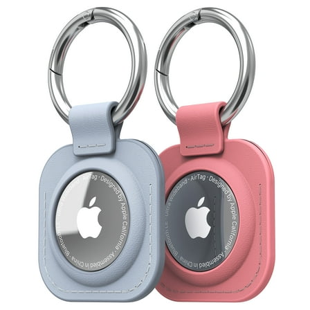 Vena 2 Pack Leather Case for Apple AirTag Holder Keychain Cover, Blue and Pink