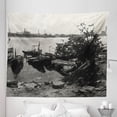 thumbnail image 1 of Black and White Tapestry, Hand Drawn Drawing Effect Landscape of Coast Fishing Boats Skyline, Fabric Wall Hanging Decor for Bedroom Living Room Dorm, 5 Sizes, Eggshell Dark Grey, by Ambesonne, 1 of 1