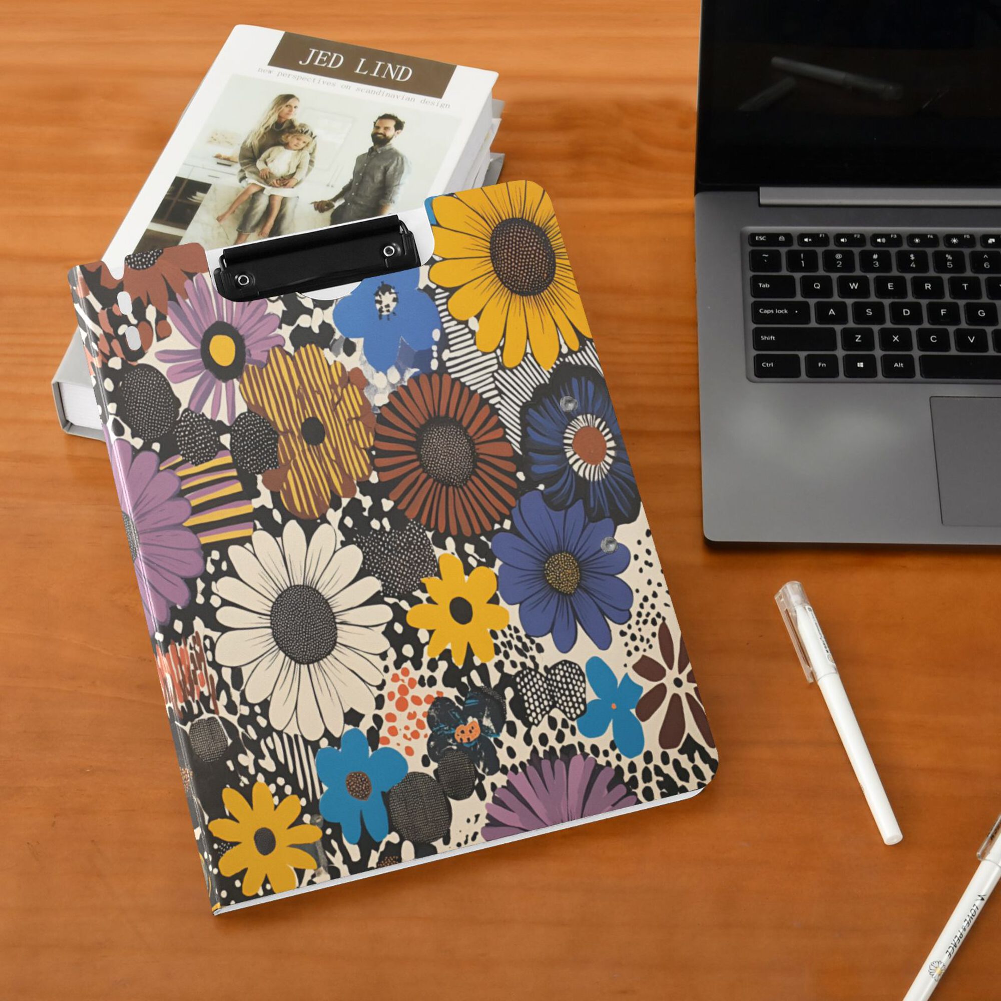 FORMRS A4 Clipboard Folder with Pen Holder Horizontal Foldable School Office Binder, Beige Flowers