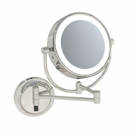 Aptations 9 LED Round Mirror - 1X & 5X Magnification | Switchable Cool & Warm Light | Hardwired LED Arm Wall Mirror | Makeup Mirror for Vanity Bedroom Bathroom | Energy Efficient (Polished Nickel)