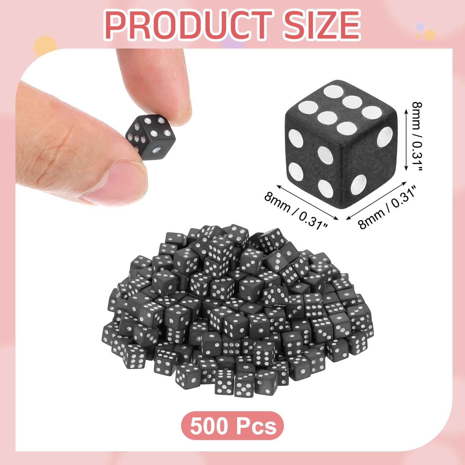 500Pack Mini Dice, 8mm/0.31" Acrylic Tiny Six Side Game Dot Square Dice Bulk for Table Board Game Party Activities, Black/White