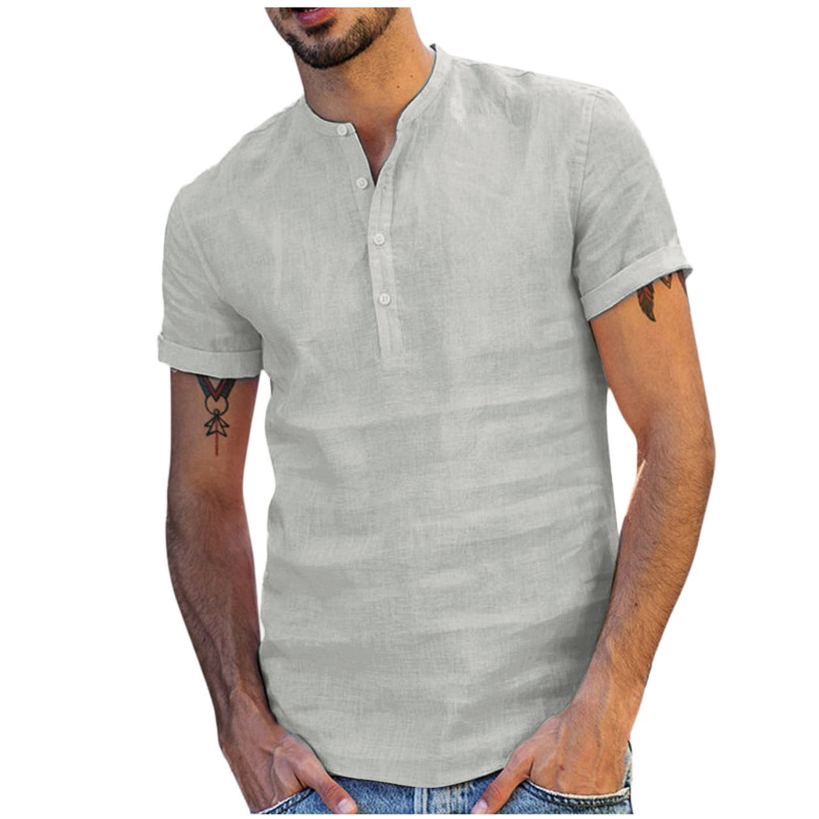 Men's Linen Cotton V Neck Short Sleeve Basic Tee T-shirt Casual Tops Blouse Tee 