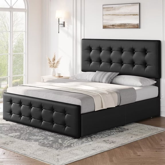 Full Size Bed Frame with 4 Storage Drawers, Upholstered Platform Bed Frame with Button Tufted Headboard & Wooden Slats Support, No Box Spring Needed, Black