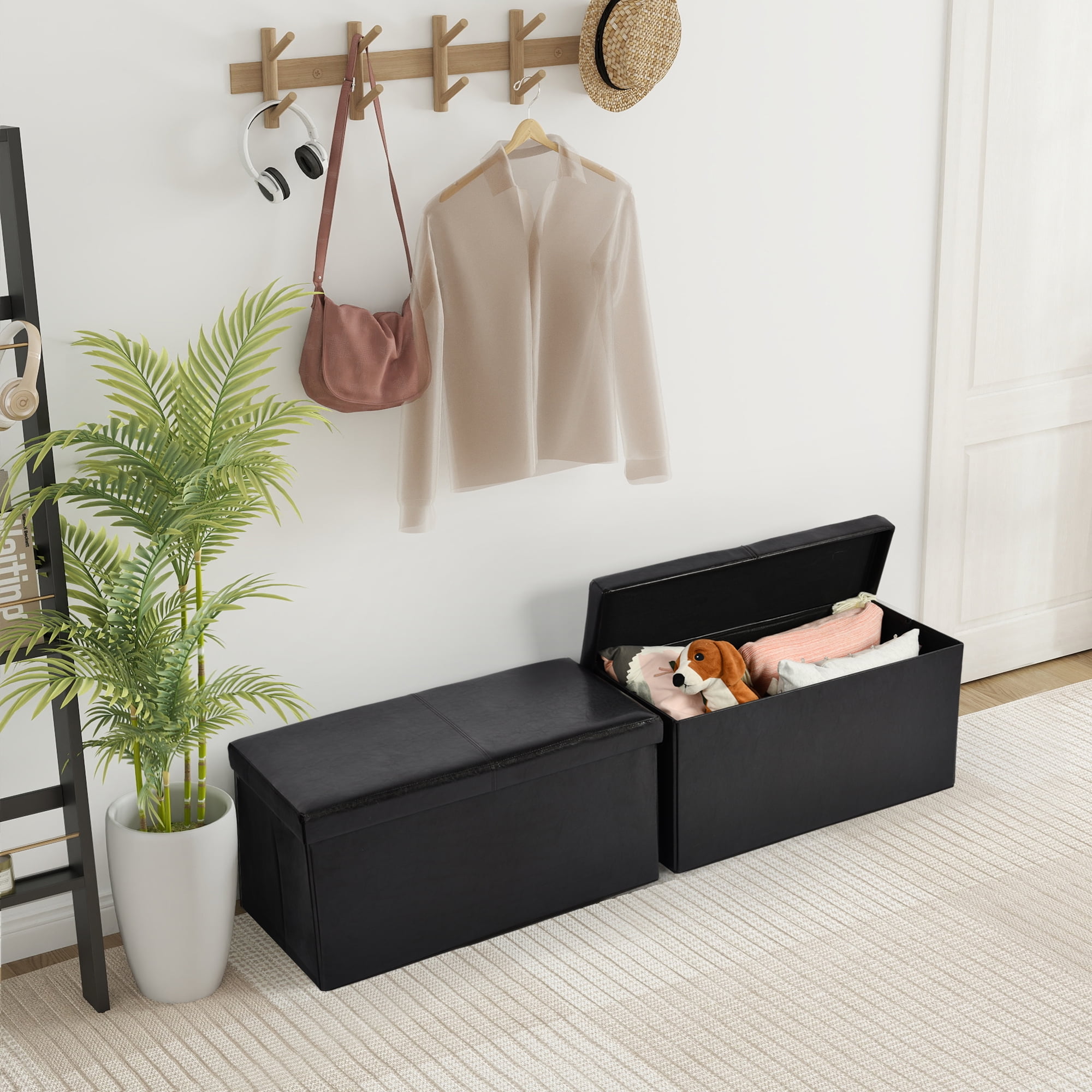 Homy Casa 2 Pack Foldable Storage Dresser Bench, Faux Leather Seat with Hidden Space, Black