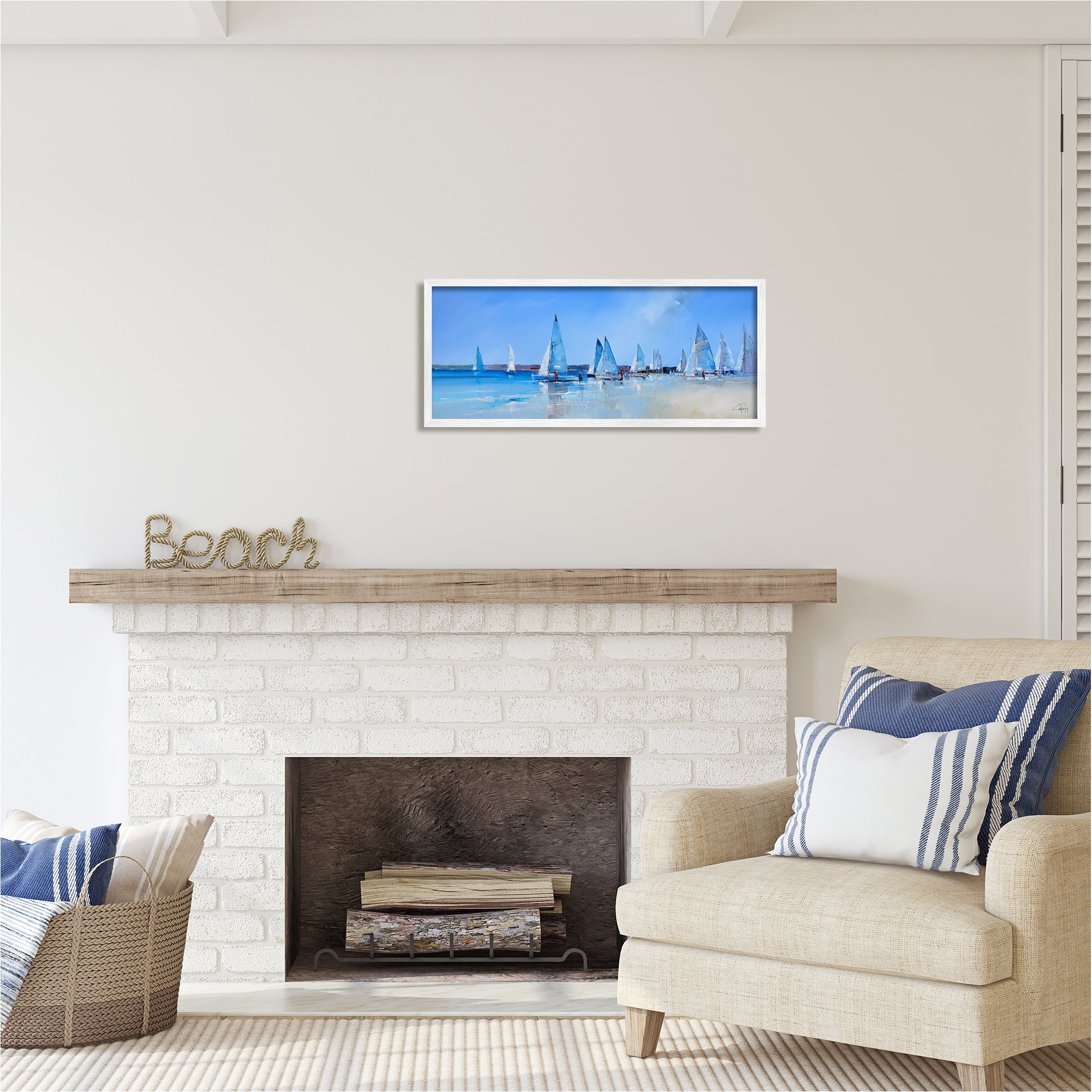 Stupell Industries Sailboat Fleet & Sailors Transportation Painting White Framed Art Print Wall Art, 30 x 13