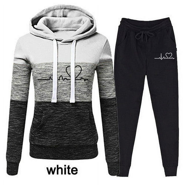 Ensemble de Survêtement Décontracté pour Femmes, Ensemble Deux Pièces, Sweat à Capuche (Blanc, 4TG)