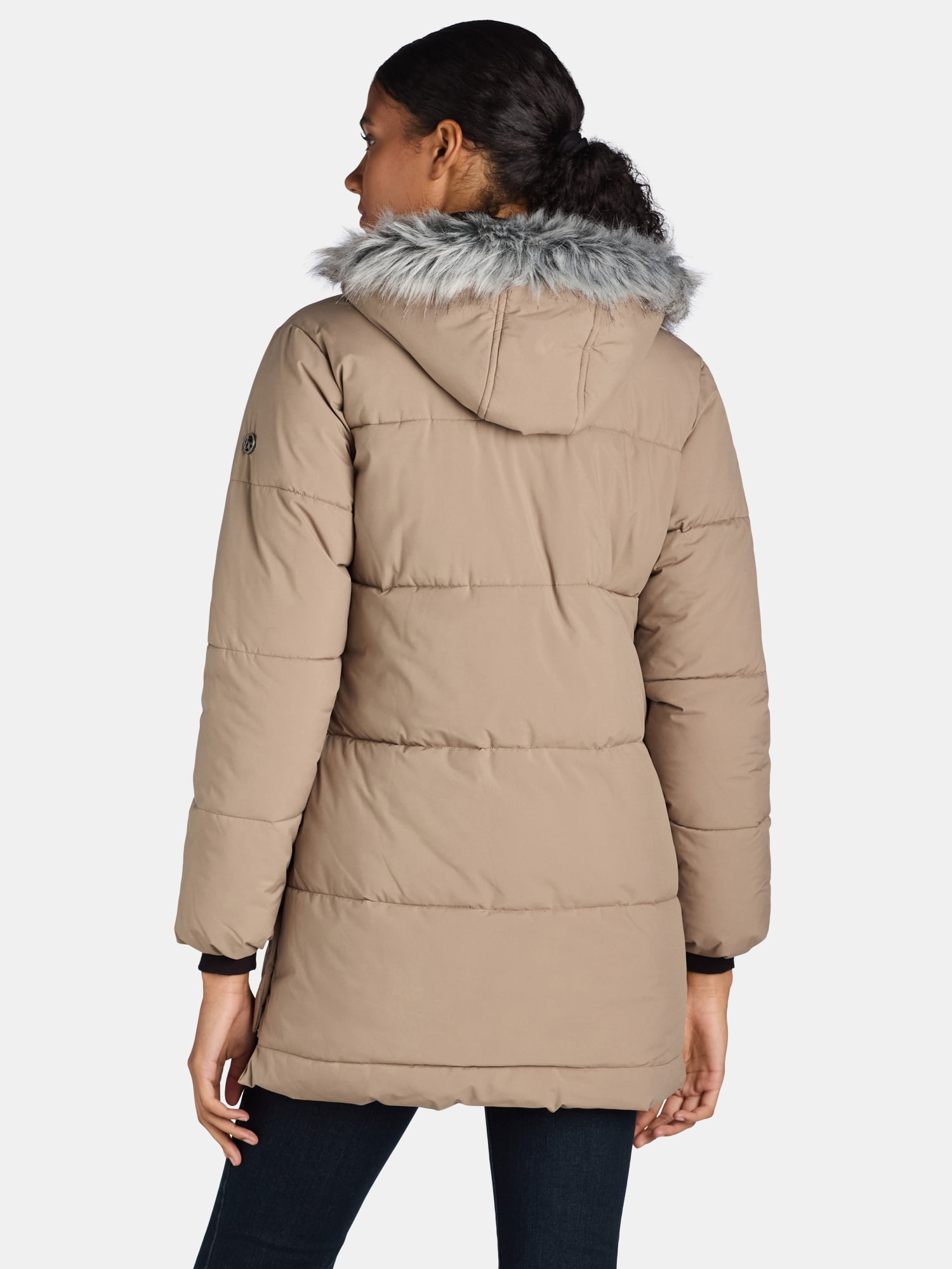 Big Chill Women's and Women's Plus Wide Quilted Puffer Coat with Faux Fur Trim Hood, Sizes S-3X