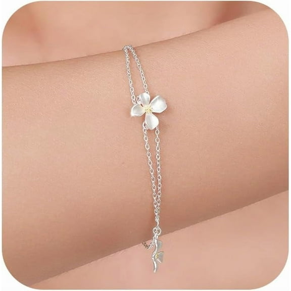 Gardenia Flower Layer Bracelet for Women 925 Sterling Silver Dainty White Blossom Bead Chain Yellow Stamen Adjustable Bracelet Birth Wedding Christmas Halloween Jewelry Gift for Her
