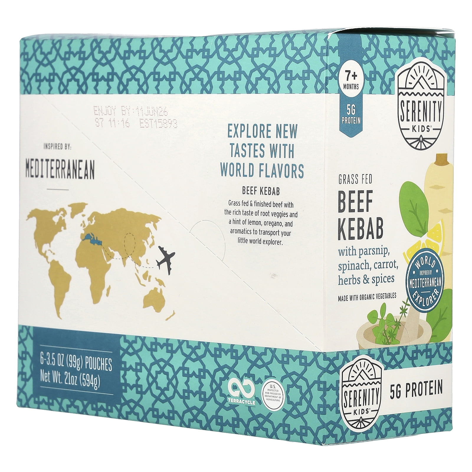 Serenity Kids Grass Fed Beef Kebab with Parsnip, Spinach, Carrot, Herbs & Spices, 7+ Months, 6 Pouches, 3.5 oz (99 g) Each