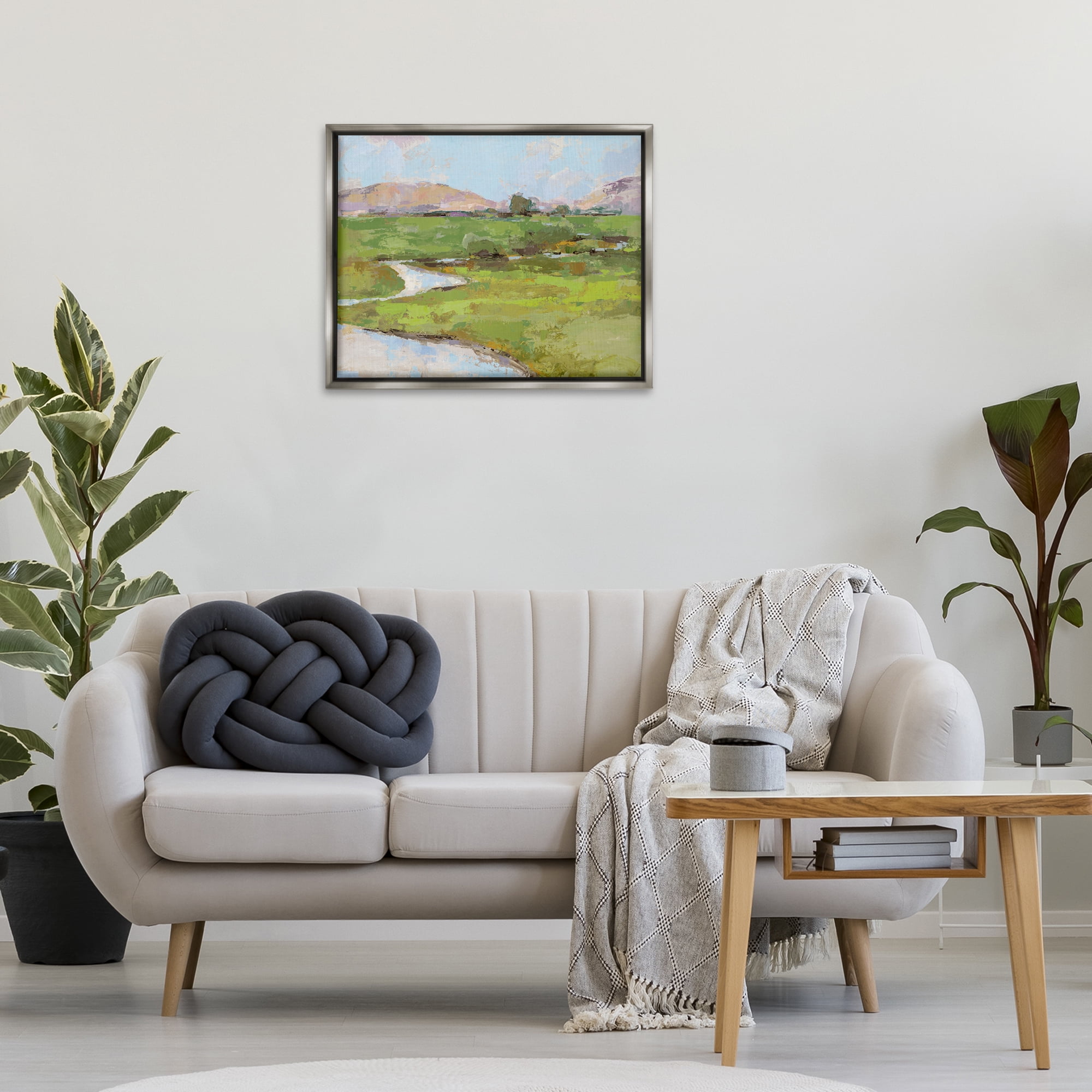 Stupell Industries Hillside Winding Stream Landscape Painting Gray Floater Framed Art Print Wall Art, 31 x 25