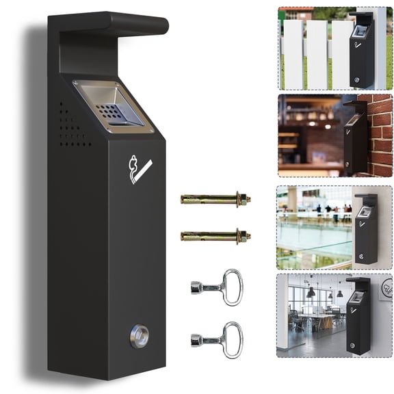Petoto Wall Mounted Commercial Ash Bin for Office, Restaurant & Bar, 2.5L Metal Ashtray with Locking Swing-Open Bottom, Rustproof, Black