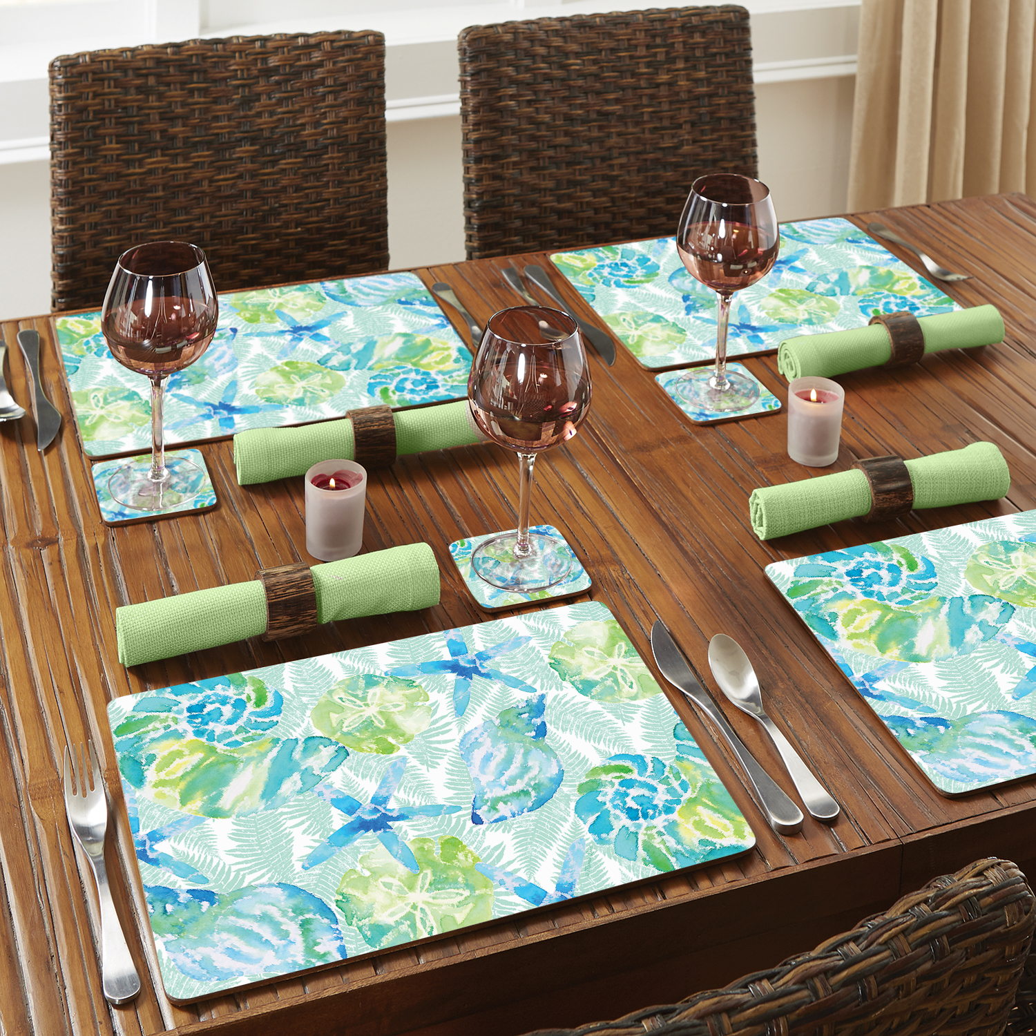 Cala Home "Coast Isla Mona" 30" x 20" Decorative Hardboard Cork Back Tabletop Placemats 4 Pack