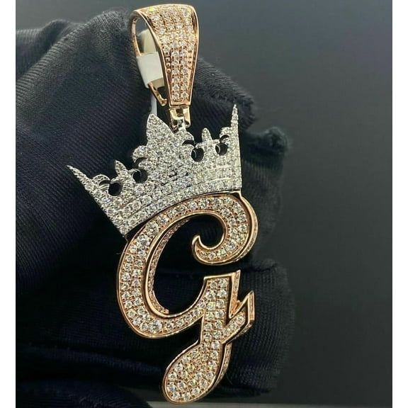 Aishvi Jewels 1.25Ct Round Cut Real Moissanite Crown Initial Letter "G" Pendant 14K Rose Gold Plated