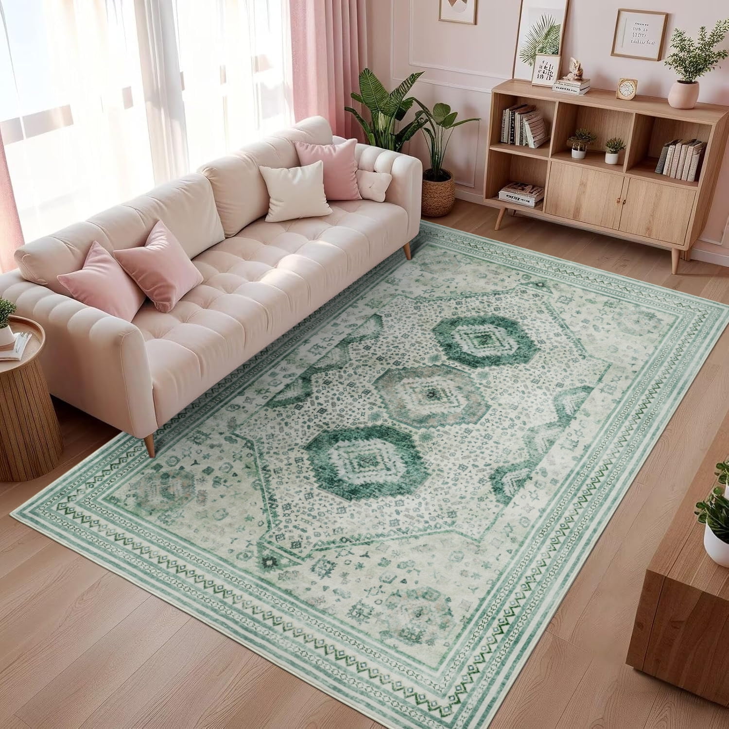 Astorug 5x8 Area Rugs for Living Room, Washable Area Rug, Rugs for Bedroom, Kitchen Rugs, Vintage Boho Carpet, Soft Non-Slip, Low Pile Large Area Rug for Office Dining Room, Green
